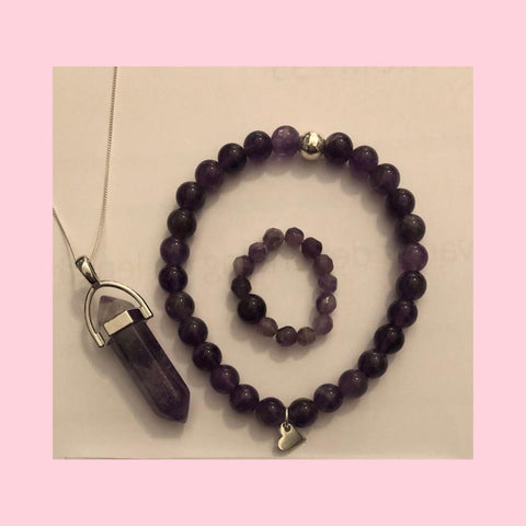 Amethyst Crystal Healing Pendant, Ring & Bracelet With Silver Charm