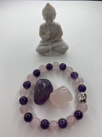 Rose Quartz & Amethyst Buddha Head Bracelet