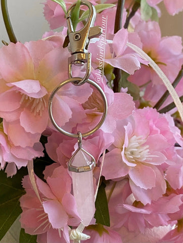 rose quartz crystal point keyring 
