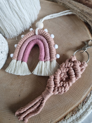 Macrame rainbow diffuser and keyring set in pink