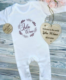 personalised baby grow and wooden heart hanger gift set