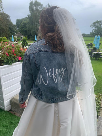 Personalised Denim Wedding Jacket With Swarovski Crystal and Pearly detail